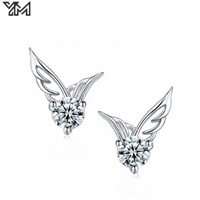 Boucles d'oreilles clous en argent S925 avec ailes d'ange, zircon cubique rond, laiton et cuivre, bijoux de mode pour femme