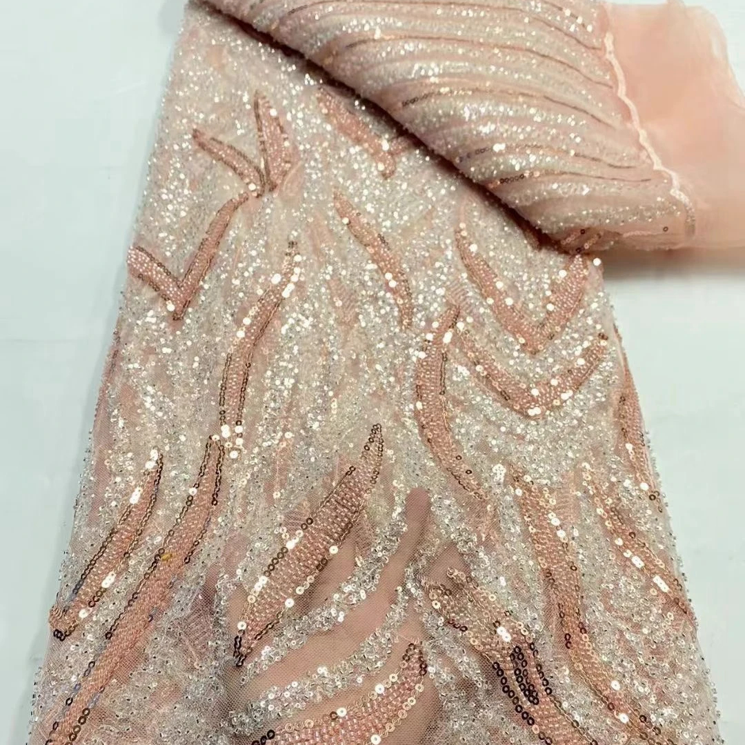 Good Quality Heavy Beaded Lace Fabric Handmade Fashion French Lace Fabric Sequins Beaded for Women Party Dress