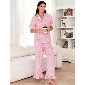 Womens Plaid Pajamas Set 2 Piece Cotton Short Sleeve Button <b>Down</b> Shirt Gingham <b>Pants</b> Ruffled Hem Lounge Wear Sleepwear - Product Image 4