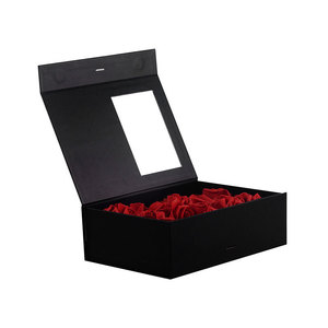Christmas Box PSB Valentine's Christmas Flower Rigid Black Paper Gift Box Packaging With Clear Window