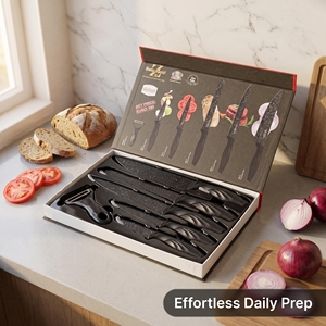 Ensemble de 6 couteaux de cuisine SwissGold avec revêtement en pierre de Maifan noire, avec éplucheur, boîte cadeau - Product Image 1