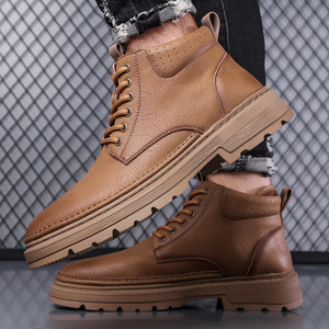 Bottes d'hiver en cuir pour hommes, style Martin, à bout rond, à lacets, avec doublure en fourrure, antidérapantes, chaussures décontractées pour l'extérieur - Product Image 2
