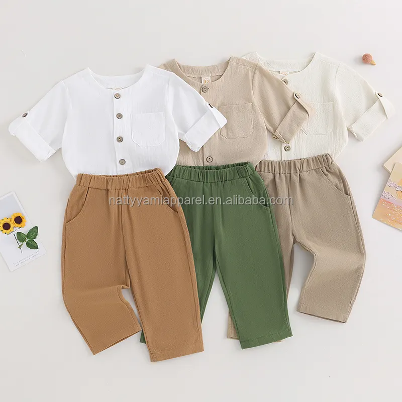 Katoenen Linnen Casual Herfstmode Oprollen Korte Mouwen Button Down Shirt Broek Outfits Baby Meisjes Jongens Kleding Set