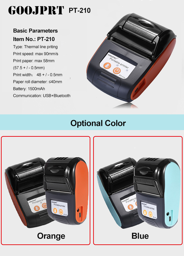Good Quality Portable Blue Tooth Printer Goojprt PT-210 58mm Mini Thermal Receipt Printer with Leather Case Optional