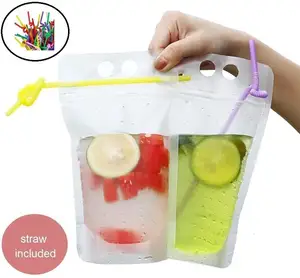 Bolsas portátiles transparentes esmeriladas con cremallera para bebidas, bolsas de plástico con pajillas y agujeros