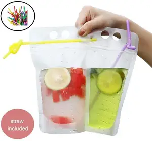 Bolsa de bebida de plástico com zíper, portátil, fosca, transparente, suco, bebidas, com canudos e furo