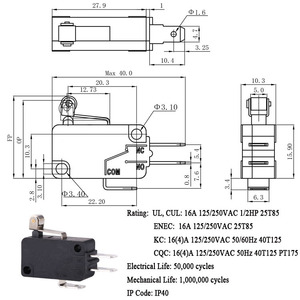 CHA 16(4)A 10a 125/250VAC T125 5e4 25t85 숏 롤러 레버 리미트 250v AC 방수 지피 마이크로 스위치 - Product Image 6