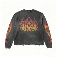 Sweats à capuche gris foncé épais, effet vintage, avec impression flamme racing, déchirures usées et effet soleil délavé, style streetwear, fournisseur de référence