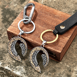 Porte-clés corbeau celtique nordique en acier inoxydable, métal vintage, sangle en cuir gaufré, boucle à ressort, cadeau unisexe - Product Image 1