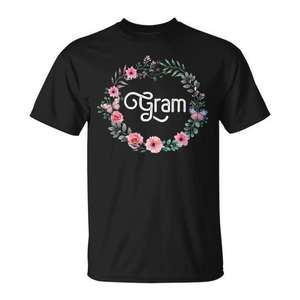 Camiseta Floral Gram Negra de Algodón Unisex para Adultos, Cuello Redondo, Manga Corta, Impresión Digital, Regalo para Reunión Familiar - Product Image 1