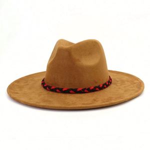 Chapeaux Fedora en Daim à Large Bord Nouveauté Automne Hiver 2024, Noir et Rouge Bicolore, Tressés en Daim pour Fêtes et Tenues Décontractées Professionnelles – Vente en Gros - Product Image 6