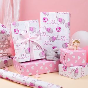 Papier cadeau pour la fête prénatale des filles, adorable éléphant rose de dessin animé, imprimé double face avec des cœurs, personnalisable - Product Image 1