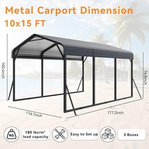 Abri de voiture en métal 10x15 pieds avec <span class=keywords><strong>toit</strong></span> en acier galvanisé, abri de voiture robuste, <span class=keywords><strong>garage</strong></span> extérieur pour voiture, camion, camping-car, bateau, tracteur - Product Image 3