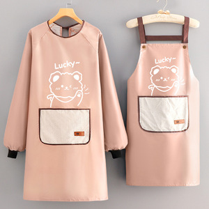 Lucky <b>Bear</b> Pattern Waterproof Apron Long Sleeve Cooking Apron For Couple Daily Use - Product Image 1