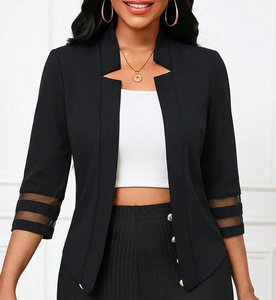 <span class=keywords><strong>Manteau</strong></span> de costume de bureau pour <span class=keywords><strong>femme</strong></span> noir à col montant, respirant, avec manches 3/4 en maille et devant ouvert - Product Image 1