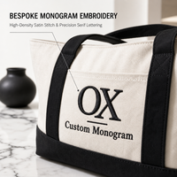 Sac fourre-tout en toile personnalisé avec monogramme brodé, sac à main noir avec poche avant, sac en coton robuste pour le travail et les voyages