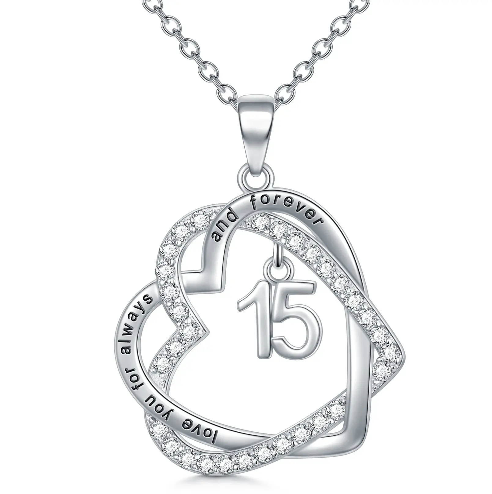 Hoge Kwaliteit Zilveren 925 Sieraden Dubbel Hart Love You Forever Hanger 15e Voor Verjaardagsverjaardag Zoete Geschenken