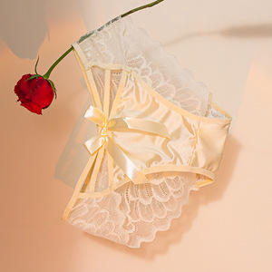 Braguitas de encaje para mujer al por mayor, con tiras cruzadas, de malla transparente, sexys, suaves, transpirables, de talle medio, lisas, con lazo - Product Image 4