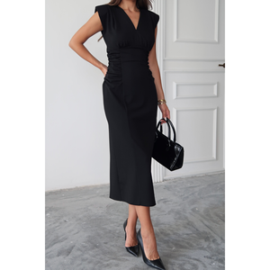 Vestido de Buceo con Cuello en V para Mujer, Detalles de Fruncido Lateral en Suéteres Negros - Product Image 4