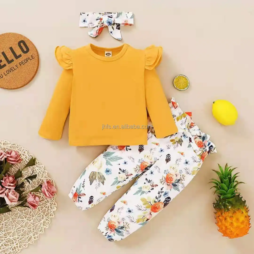 J&H 2022 hot sale long sleeve tops and bottoms 2pcs baby clothes set fashion floral pants toddler girl kids clothes