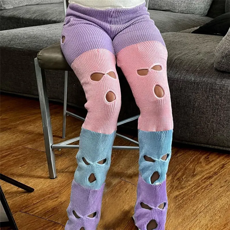 OUDINA celana kasual wanita, celana kasual lurus pinggang tinggi rajut warna kontras ketat berongga seksi baru