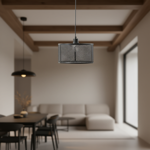 Luminaire suspendu en métal maillé, abat-jour cylindrique noir, éclairage intérieur - Product Image 2