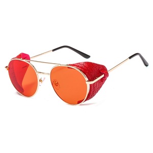 Glafors Cool Lunettes de soleil rondes Steampunk Lunettes de soleil en métal avec décoration en cuir PU doré Monture en alliage - Product Image 5