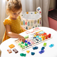 Jouet éducatif en bois 4-en-1 : planche d'apprentissage des nombres pour enfants avec jeu de pêche, reconnaissance des formes et des animaux