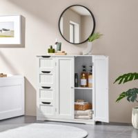 Armoire de rangement en bois blanc avec 4 tiroirs et portes doubles, meuble de rangement autoportant pour salle de bain, cuisine, salon
