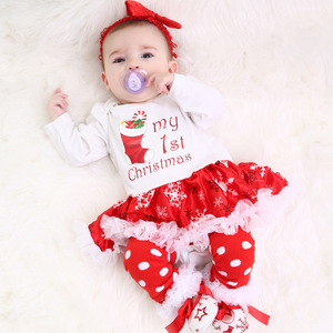 Ensemble de tenues de Noël pour bébé fille Robe barboteuse à manches longues avec imprimé flocon de neige Bandeau assorti Jambières et chaussures à pois - Product Image 6