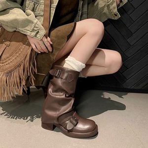 Bottes de cowboy vintage françaises pour femmes, à talon bloc haut, plissées, froncées, mi-mollet, style Martin - Product Image 1