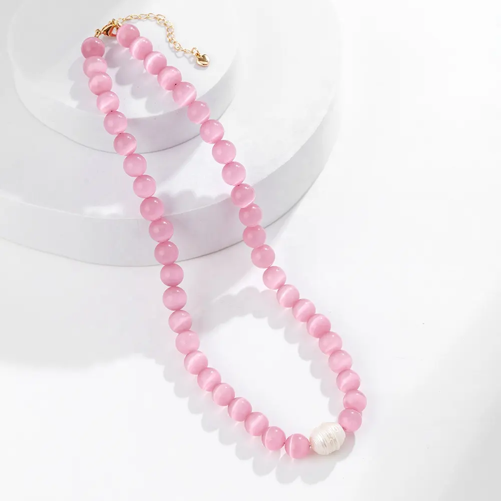 Women's Fashionable round Pink Punk Style Necklace Natural Opal Freshwater Pearl with Natural Stones for Wedding Party Gift