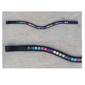 Leather horse 8mm Brow-band - U-Shape - Rainbow Glass Crystal - Mega Bling Diamante Brow-band wholesaler manufacturer