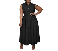 Robe chemise sans manches à revers pour femme grande taille, collection été 2026 – Robe midi élégante et décontractée avec ceinture, taille plus, tendance