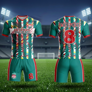 Ensemble de maillots de football sublimés pour hommes, personnalisables avec le nom de l'équipe, 100 % polyester, rayures vertes et rouges, col en V, manches courtes, respirant - Product Image 3