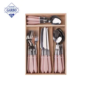Set o 24pcs stainless steel flatware set with PS pink plastic handle wooden tray 410(13/0) cheap table fork spoon dinner knifes