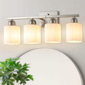Applique da Bagno Moderna a 4 Luci con Finitura Nichel e Paralume in Vetro Bianco Latte per Bagni e Camere da Letto - Product Image 2