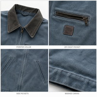 Maßgeschneiderte Herren Detroit Arbeitsjacke mit Cordkragen, Schwere Gewaschene Canvas-Jacke, Warmer Reißverschluss, Vintage Amerikanischer Stil