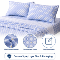 Parure de draps en microfibre 4 pièces à motif carreaux bleus et marguerites, comprenant drap-housse, drap plat et taies d'oreiller