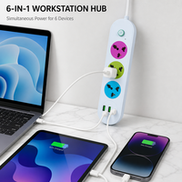 Multiprise industrielle universelle 10A avec port USB-C, 6 prises multicolores, barre d'alimentation domestique, 2 ports USB et 1 chargeur rapide Type-C