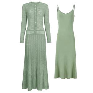 Ensemble élégant en tricot à manches longues pour femmes, comprenant un cardigan en tricot vert clair et une <span class=keywords><strong>robe</strong></span> <span class=keywords><strong>longue</strong></span> à bretelles spaghetti, pour un look décontracté - Product Image 1