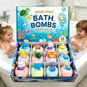 Set de 12 Bombas de Baño con Forma de Animales Marinos para Niños y Niñas, Bolas de Baño Efervescentes con Aroma Natural y Mini Figuras de Animales Marinos - Product Image 1
