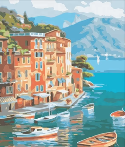 Peinture acrylique de <span class=keywords><strong>paysage</strong></span> de village en bord de <span class=keywords><strong>mer</strong></span> méditerranéen 12x16 pouces, peinture par numéros DIY pour enfants - Product Image 1