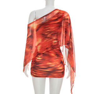 Viviblook Q26DS032 Women Summer <b>Dress</b> Sexy Fashionable Print Asymmetrical One Shoulder Pleated Mini Bodycon <b>Dress</b> - Product Image 4