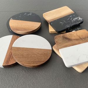 Custom Logo <b>Round</b> Square Acacia Wood and Marble Splicing Coasters Home Office Tea Coffee Cup <b>Mats</b> Pads - Product Image 1