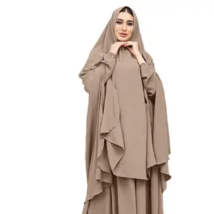 Bir düz renk nefes ve rahat buz ipek buruşuk müslüman bayanlar hac burqa bir başörtüsü ile