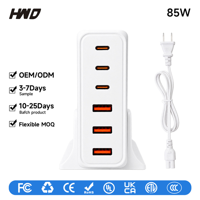 Custom ODM 85W PD3.0 PPS GaN Tech Type-C Fast Charging Eco-Friendly Desktop US Plug Power Adapter for Laptop & Phone