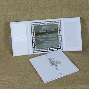 Personalized Silver Mirror Acrylic Engraved Text Luxury White Velvet Folio Hardcover Wedding Invitations