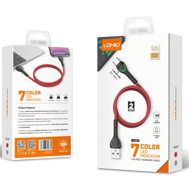 LDNIO LS482 Factory Price Weaving Cable With Smart Led Indicator for Phone 2.4A Fast Charging USB Cable
