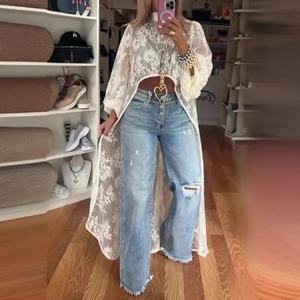 Robes décontractées pour femmes à col rond, dentelle sur le devant, dos court, tendance - Product Image 1